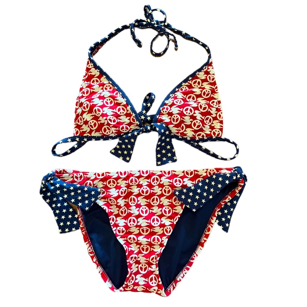 NWOT Lucky Brand Red, Cream and Blue Bikini with Doves and Peace sign Size M